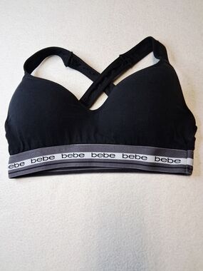 4/20$ bebe Black Sports Bralette with Gray Logo Band
